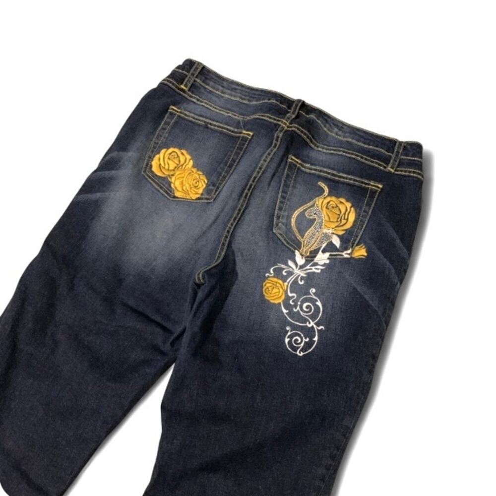 Baby Phat Y2Baby Phat Y2K Dark Wash McBling Capri Jeans Gold Embroidery Size 31”